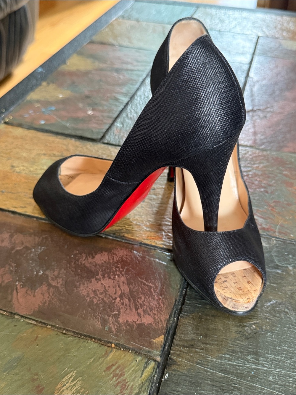 Christian Louboutin Black Peep-Toe Stiletto Pumps with Red Sole